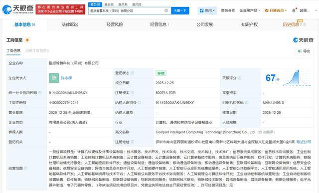 酷派深圳布局智算科技 500萬(wàn)注冊(cè)資本助力人工智能算法軟件開(kāi)發(fā)